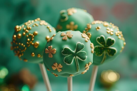 Cake pops decorated with shamrock designs in green and gold colors. St. Patrick's Day concept.