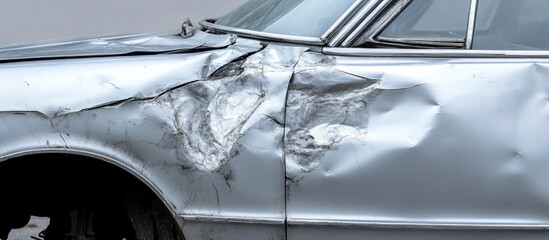 Damaged silver car with scratched hood and door dent showcasing paint cracks and imperfections ideal for illustrating vehicle accidents.