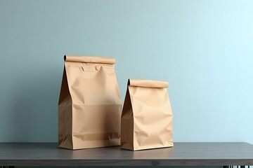 Two brown paper bags in a minimalist still life composition, arranged on a wooden desk or shelf, with soft, creamy blue lighting. perfect for mockups.