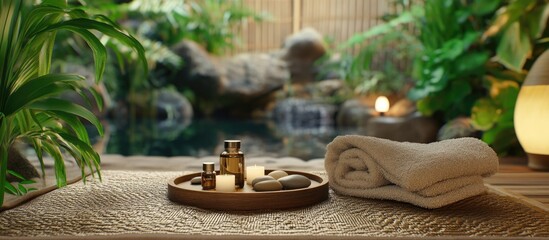 Tranquil spa setting with essential oils towels and natural elements for relaxation and wellness ambiance in a serene environment