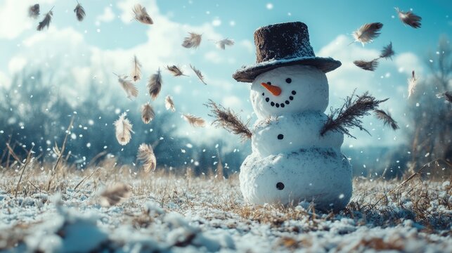 Snowman wearing a hat surrounded by falling feathers in a serene winter landscape with ample empty space for text overlay - Powered by Adobe