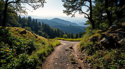 Obraz premium A Picturesque Pathway Through Verdant Hills and Tall Pines