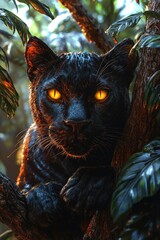 Black Panther Resting In Jungle Tree