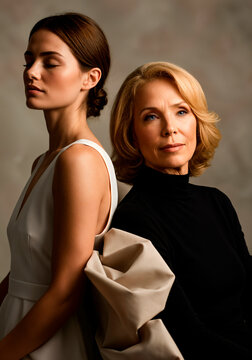 Portrait of two women, one older and one younger, showcasing generational beauty and elegance in a minimalist setting
