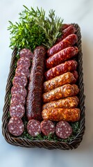A visually appealing platter featuring an assortment of sliced meats and sausages, adorned with fresh herbs, perfect for gourmet cheese boards or gatherings.