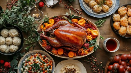 A festive Chinese New Year dinner with roasted duck, dumplings, and other special dishes 