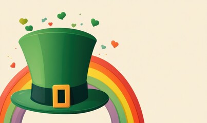 A green top hat with a rainbow on top decorated with four green shamrocks St.patrick background