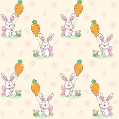 Easter Bunny Seamless Pattern: Easter Day Background with Cute Rabbits and Flowers