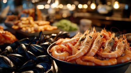 A delectable spread of seafood, including plump shrimp and glistening mussels, is artfully arranged in bowls, illuminated by warm overhead lights in a restaurant setting
