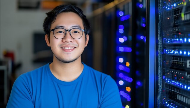 Smiling IT specialist near server racks