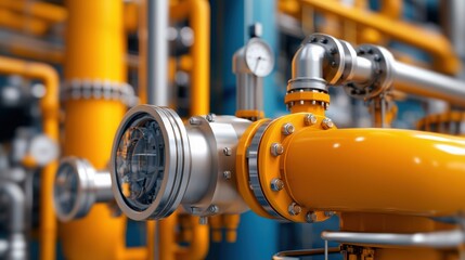 Green Tech climate tech and smart grid concept. Industrial pipe system with gauges and valves in a close-up view.