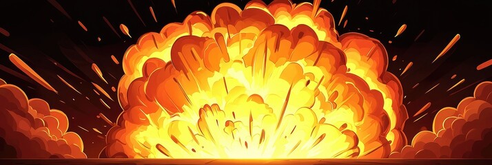 Fiery explosion animation with orange and yellow flames, smoke, and debris.
