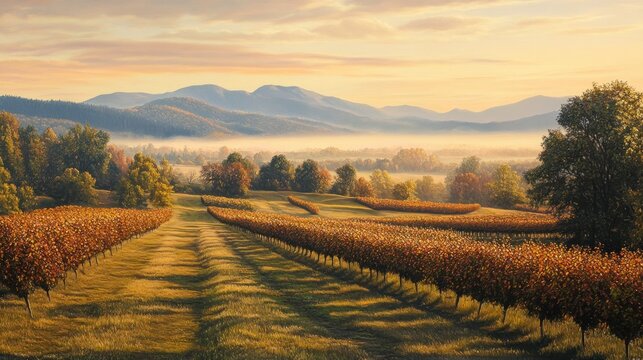 Autumn vineyard sunrise, misty valley, mountain background, wine region postcard