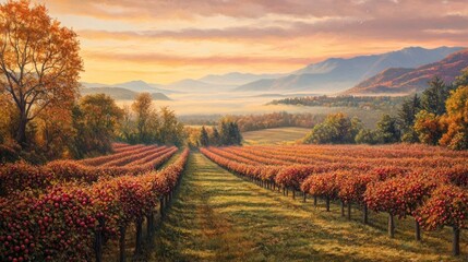 Naklejka premium Autumn sunrise over orchard valley, misty mountains. Scenic postcard