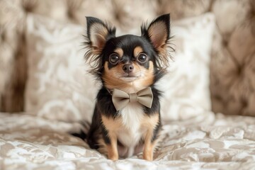 Professional photo of a Chihuahua with neatly trimmed nails, looking fashionable with a tiny bowtie, sitting on a modern white and beige backdrop