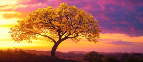 Naklejka premium Silhouette of a Silver Trumpet Tree at sunset showcasing vibrant colors and the natural beauty of the Tabebuia aurea in the landscape.