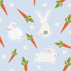 Happy Easter. Cute vector pattern with kawaii bunnies and carrots. Rabbits print design for greeting card, invitation or background. Wild animals background