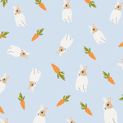 Happy Easter. Cute vector pattern with kawaii bunnies and carrots. Rabbits print design for greeting card, invitation or background. Wild animals background