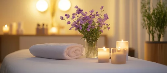 Fototapeten Relaxing spa ambiance featuring a soft towel, calming candles, and a serene bouquet of purple flowers for a tranquil wellness experience. © pngking