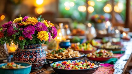 Fototapeta premium Vibrant Flowers Adorn A Festive Table With Food