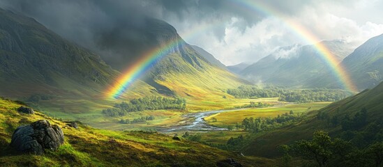 Serene landscape with double rainbow over a lush valley and river under dramatic clouds ideal for text overlay or promotional materials