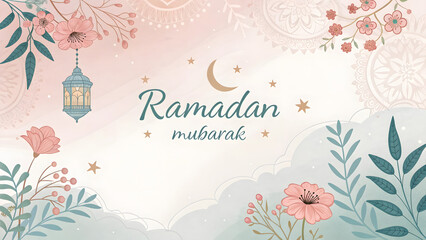 A soft and delicate design wishing "Ramadan Mubarak." The image features a blend of floral illustrations, pastel watercolor textures, and ornate Islamic elements like lanterns and crescent moons. 