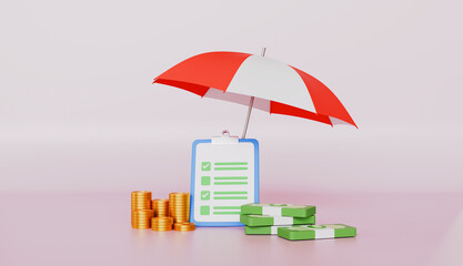 Piles of golden coins and banknotes under purple umbrella © Sloek Prey