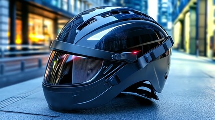 Fototapeta premium Futuristic Black Helmet City Street - Futuristic technology