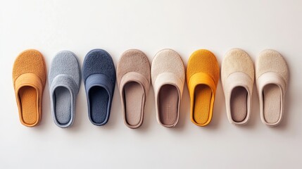 Colorful slippers neatly arranged in a line showcasing various shades against a minimalist white background for home decor and comfort.