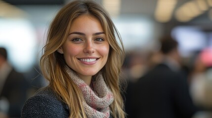 Fototapeta premium Smiling Professional in Modern Office Setting Engaged with Colleagues and Technology
