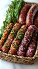 Fototapeta premium This image features a variety of artisanal sausages beautifully arranged in a woven basket, garnished with fresh herbs, showcasing rich colors and inviting textures.