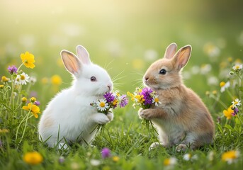 Fototapeta premium Two Adorable Rabbits Playing in a Lush Garden – Cute Wildlife Scene, Perfect for Nature and Animal Themes