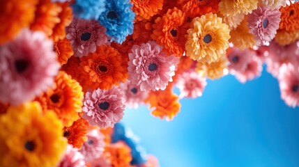 Colorful Flowers Decoration with Blue Sky Background in Bright View