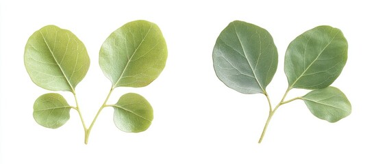 Fototapeta premium Siamese rosewood leaves isolated on white background showcasing vibrant green hues and unique leaf shapes in a natural botanical arrangement.