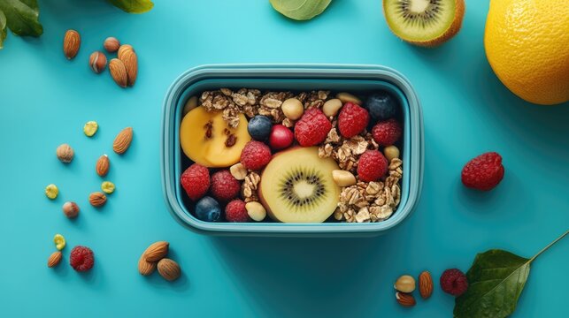 Sustainable Lunchbox with Fresh Fruits and Nuts Promoting Zero Waste and Plastic Free Lifestyle