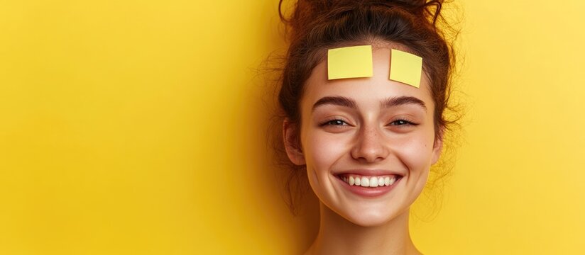 Young woman with sticky notes on forehead smiling against yellow background blank space for text creative concept image