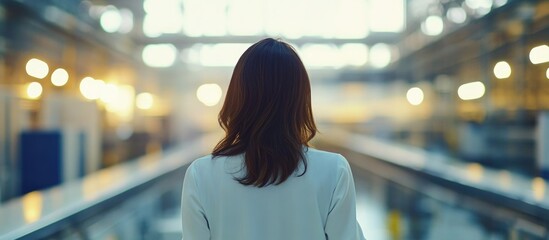 Young woman analyzing manufacturing process in industrial environment with empty space for branding or text overlay