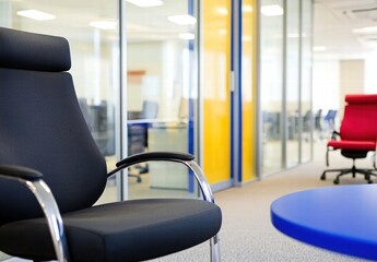 Blurry Modern Office Interior Featuring Glass Walls and Stylish Chairs in Vibrant Colors