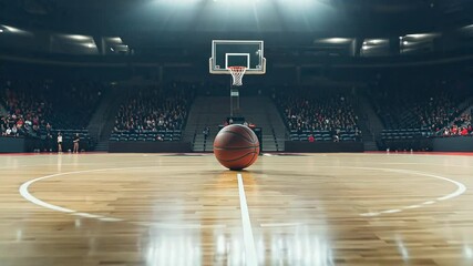 Wide-angle basketball in the center of court, cheering fans in the background. Live sports event concept. Professional indoor basketball arena setting. Modern basketball gym empty court, field. - Powered by Adobe