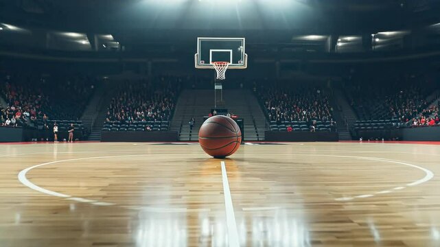 Wide-angle basketball in the center of court, cheering fans in the background. Live sports event concept. Professional indoor basketball arena setting. Modern basketball gym empty court, field.