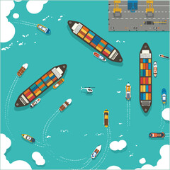 Aerial View of Container Ships and Boats in the Ocean Illustration