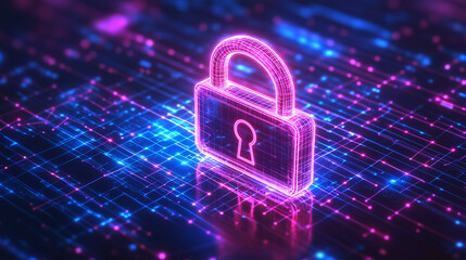 サイバーセキュリティのコンセプトイメージ。ネオンカラーの電気信号とロックシンボル。