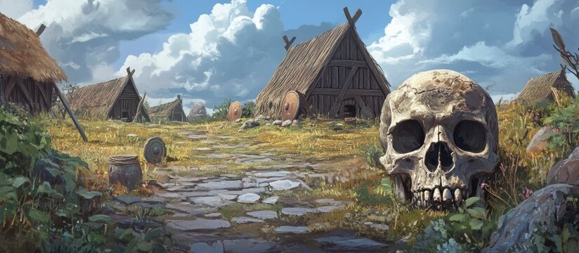 Viking Settlement Landscape with Skull in Birka Sweden Historical Scene Art
