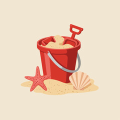 Red Bucket with Sand, Shovel, Starfish and Seashell on Beach © TRIRIQO223