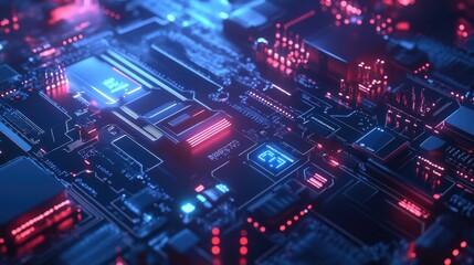 Fototapeta premium Futuristic circuit board technology with glowing elements representing smart home connectivity and device management.