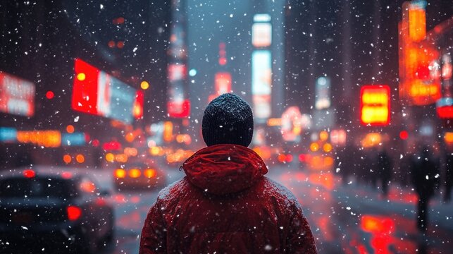 Young man in red jacket standing in snowy city street with neon lights at night