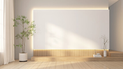 Modern Japanese-style living room with a built-in TV cabinet finished with wood and white paint, wooden floors, and slatted wooden walls. 3d rendering