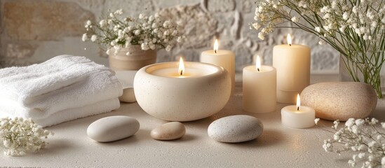 Serene spa still life with candles soft stones and delicate flowers for relaxation and wellness themes