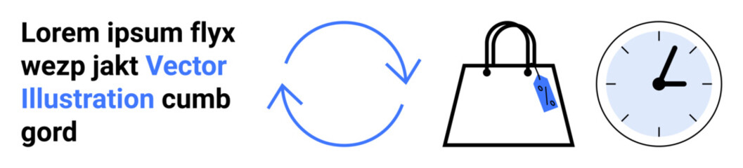 Circular arrows paired with a shopping bag and clock symbolizing retail, sustainability, time management. Ideal for e-commerce, shopping, sustainability, time optimization, logistics, retail