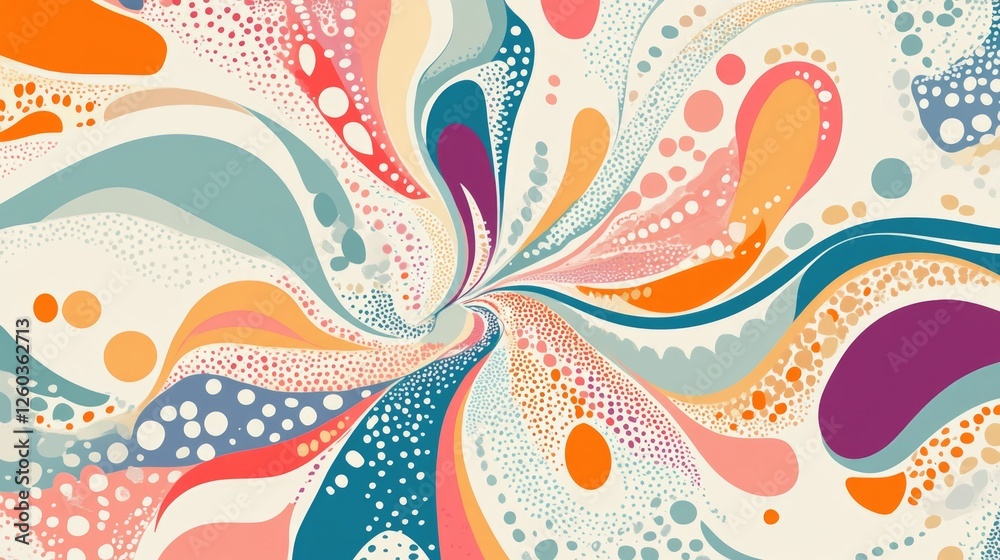 Poster abstract swirling design with colorful patterns and dots creating a dynamic and vibrant visual effec